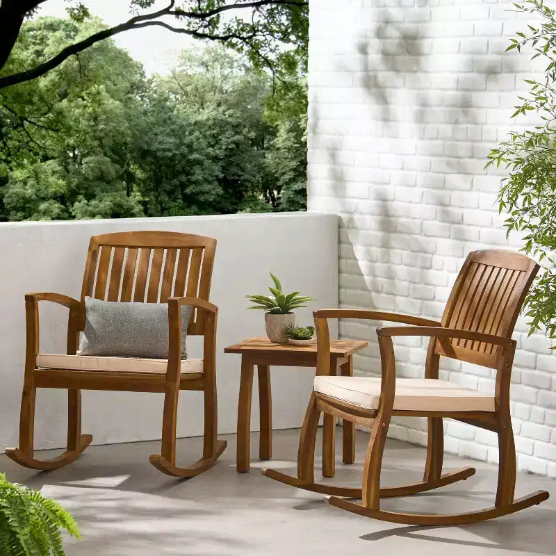 Selma 3pc Acacia Wood Rocking Chair w/ Cushion & Acacia Side Table - Teak - Christopher Knight Home: Weather-Resistant, Patio Chat Set