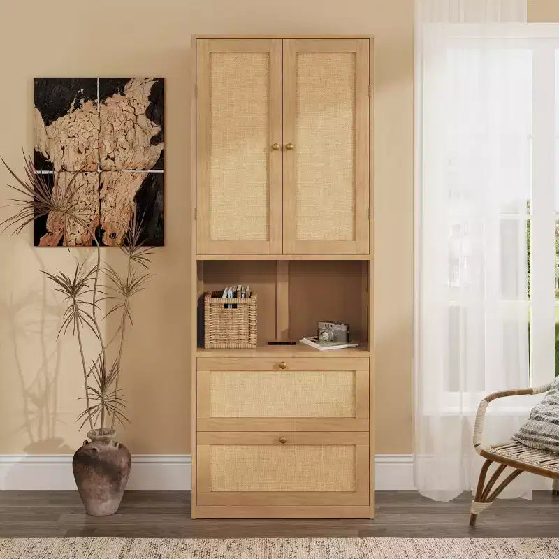 2-Door Bookshelf with USB Port and 3-Drawer Side Cabinet, Natural