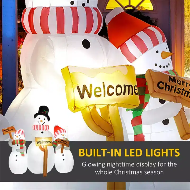Christmas Snowman, Three inflatable Christmas snowmen each holding a sign