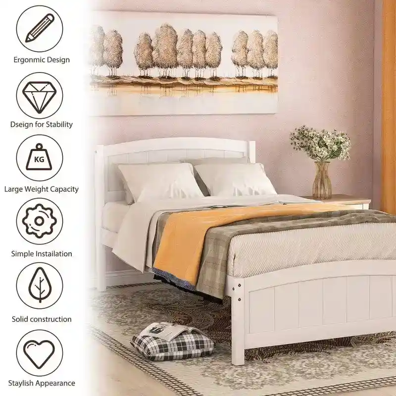 Twin Size Wood Platform Bed with Headboard and Wood Slat Support