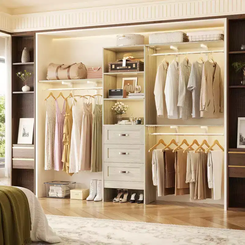 Besiost Closet Organizer System with Hanging Rods and Shelves, Wardrobe System with Drawers