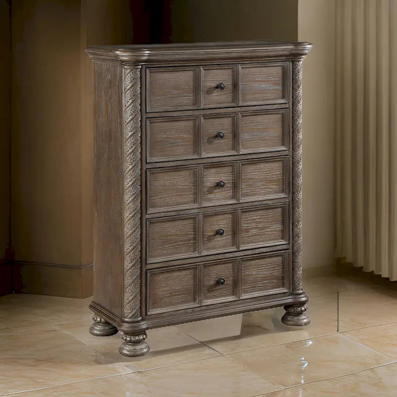 39-Inch Tall 5-Drawer Dresser Chest with Bun Feet �C Oak Brown Classic Style