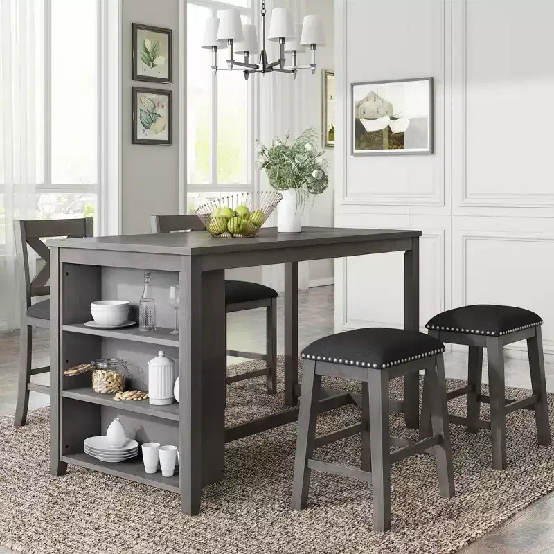 5-Piece Rustic Farmhouse Dining Table Set Dining Set with Counter Bar Height Dining Table, 2 Dining Chairs and 2 Stools, Gray/White-ModernLuxe