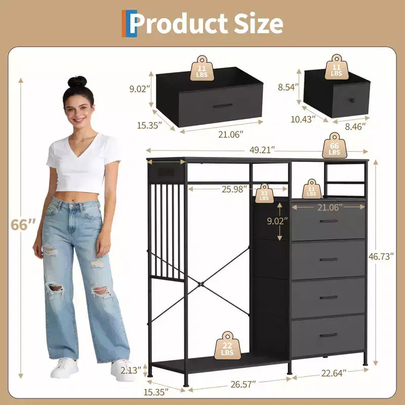 49.2 Dresser with Hanging Rack & Lights, 6-Drawer Storage Tower with Charging Station & Reversible Wood Top for Bedroom