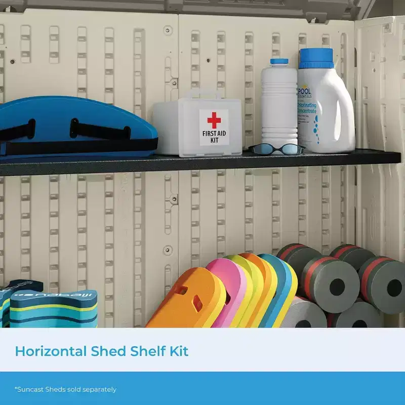 Suncast 4 Pack Horizontal Shed Shelf Space Saving Wall Outdoor Storage, Black