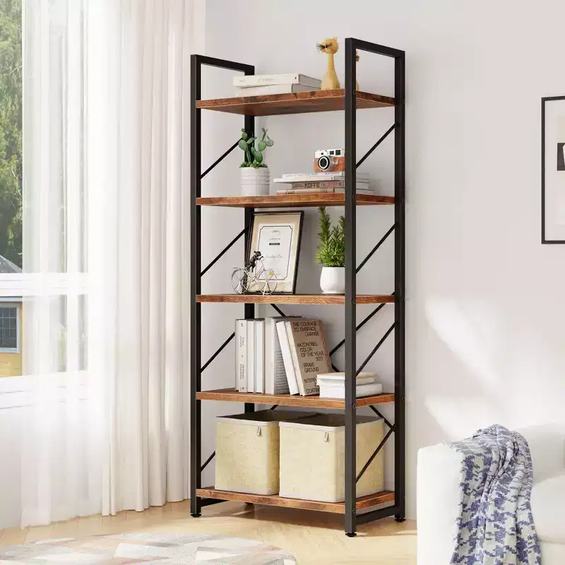 Celebalcony 62.2 H x 23.6 W 5 Tiers Bookshelf, Tall Wooden Bookcase with Metal Frame, Modern Book Rack, Storage Shelves for Home Office
