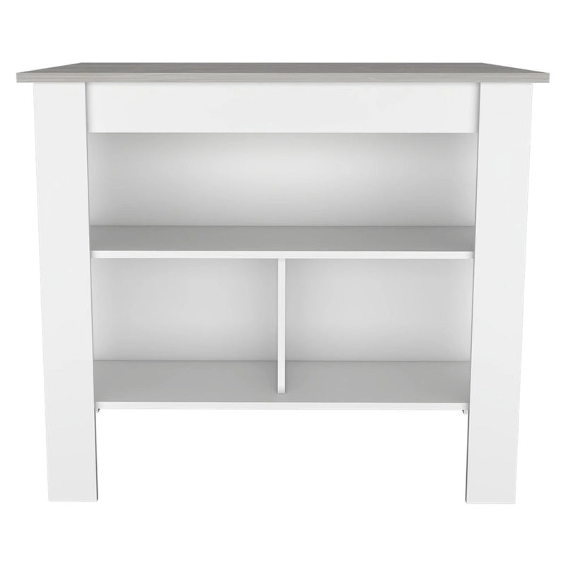 Transitional Kitchen Island with Dark Onyx Top and 3 Open Shelves