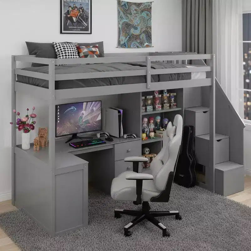 94.4''L*57.4''W Wood Loft Bed with L-Shaped Desk and Drawers, Cabinet and Storage Staircase