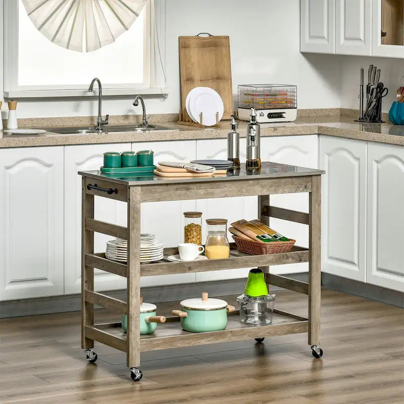 Grey Rolling Kitchen Cart with Stainless Steel Top Slotted Shelf and Towel Bar
