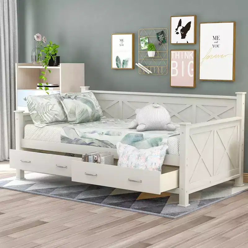 Wooden Twin Daybed with 2 Storage Drawers, Modern and Rustic Casual Style Daybed Frame for Bedroom Living Room Guest Room