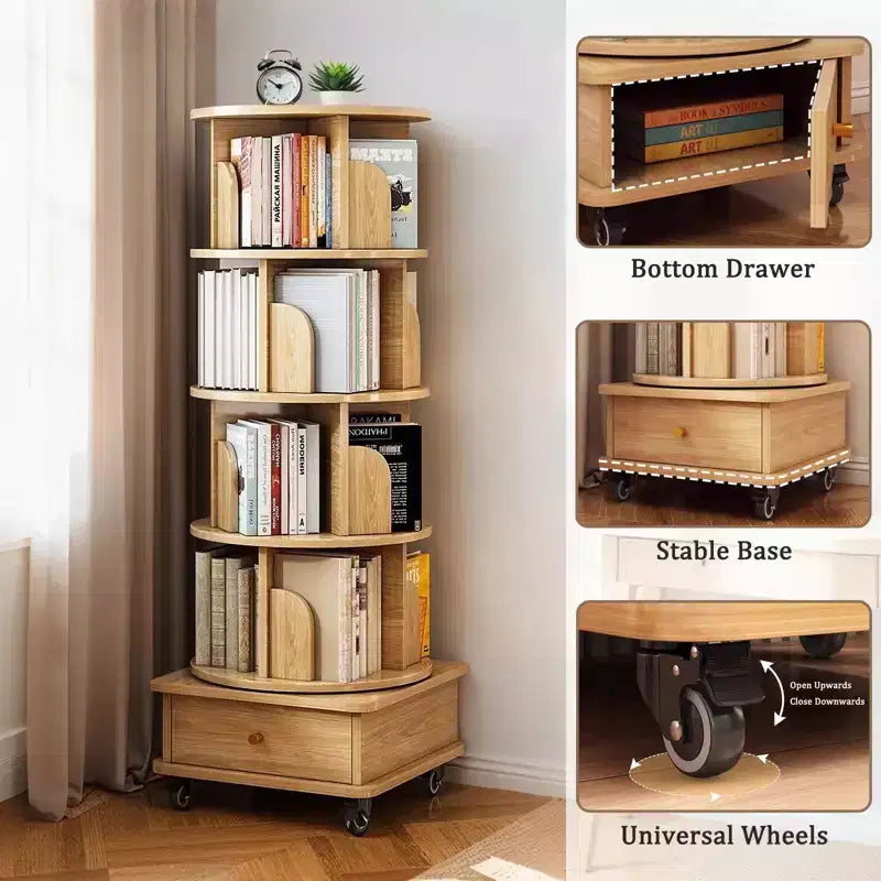 5-Tier 360�� Rotating Bookshelf Tower, Natural Wood