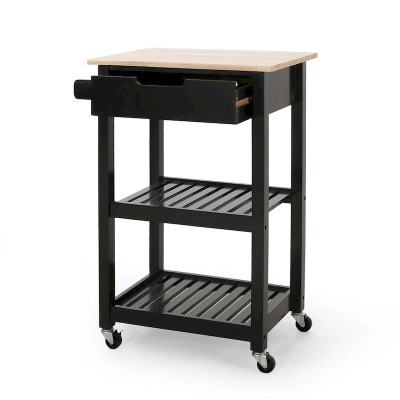 Compact Rolling Kitchen Cart with Rubberwood Top Drawer 2 Slatted Shelves and Towel Rack