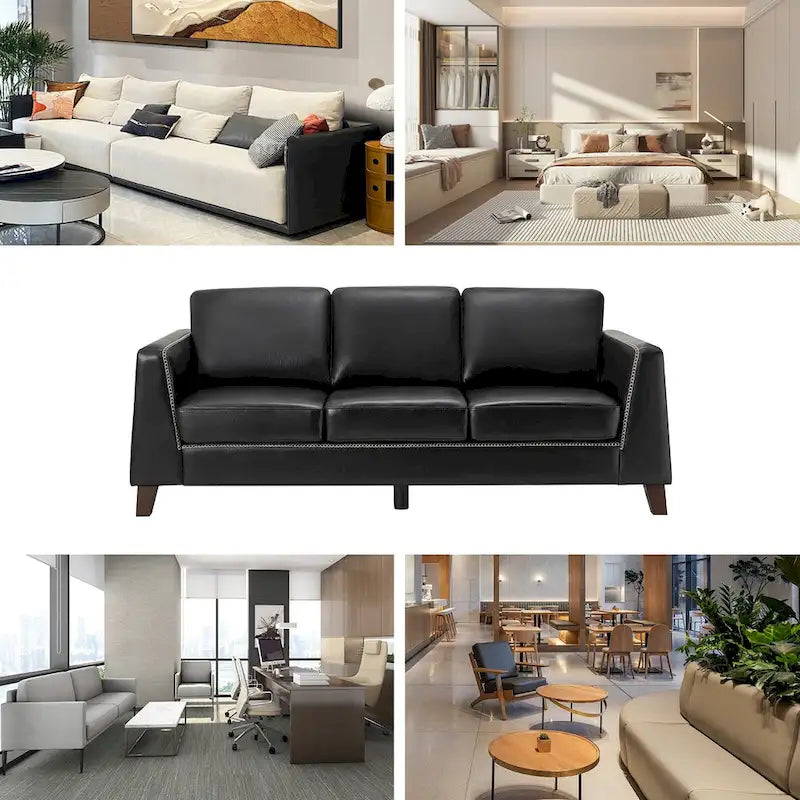 81.5 Inch Genuine Leather Tuxedo Arm Sofa with Solid Wood Legs