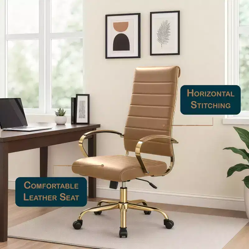 LeisureMod Benmar High-Back Ribbed Leather Office Chair - Modern Swivel & Tilt Executive Desk Chair - Gold Base
