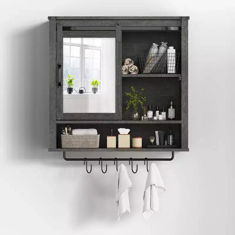 Heynemo Bathroom Cabinet Wall Mounted, Bathroom Medicine Cabinet with Door Adjustable Shelves & Towels Bars, Dark Grey