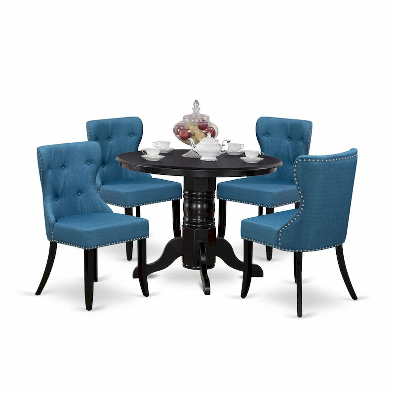 East West Furniture Kitchen Table Set- a Round Dining Table and Blue Linen Fabric Parson Chairs, Black(Pieces Options)