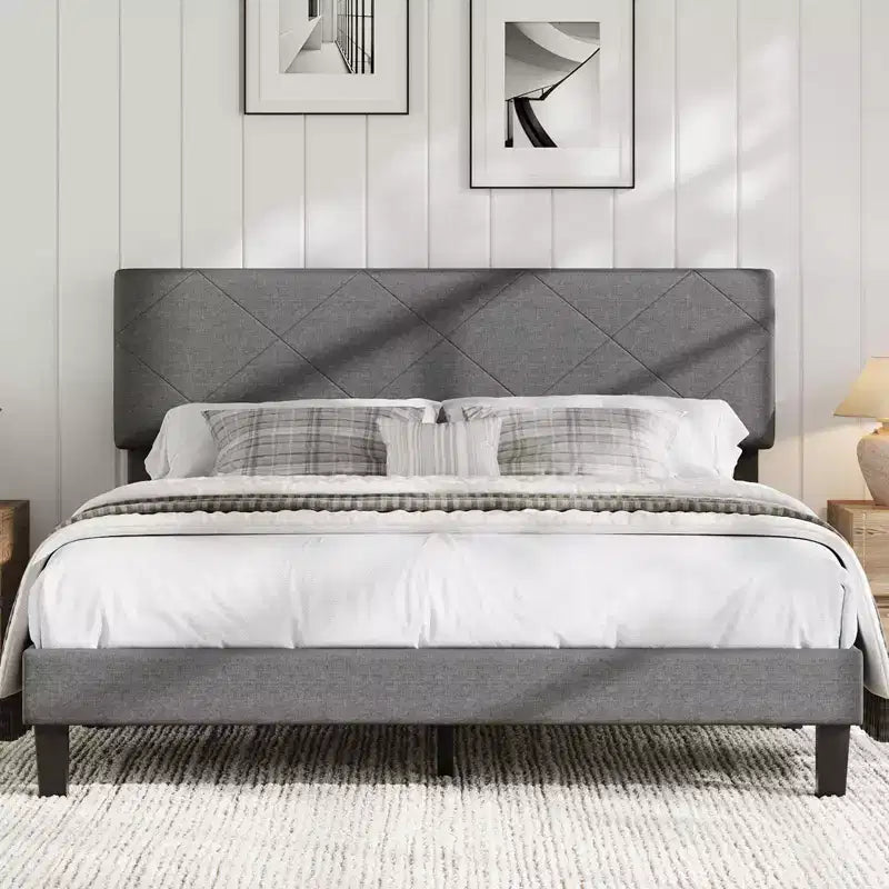 Upholstered Headboard Bed Frame C Wooden Slats, No Box Spring, Noise-Free, Easy Assembly (Gray)