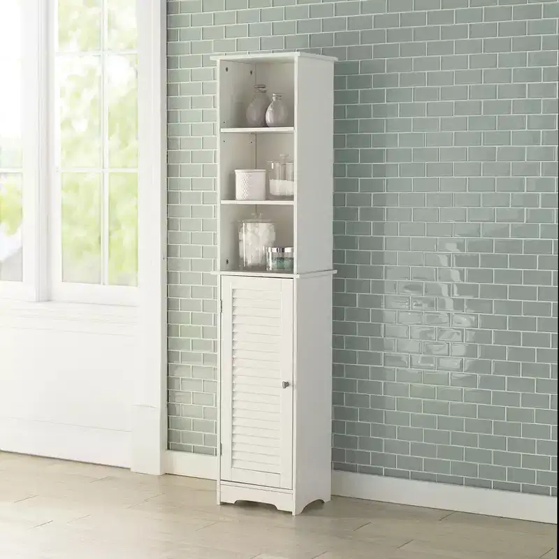 Tall Bathroom Storage Cabinet with 3 Adjustable Shelves and Bottom Door, MDF, Silver Knobs