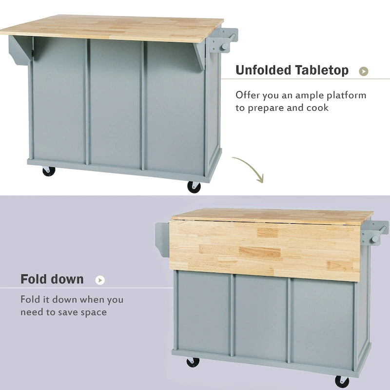 White Rolling Kitchen Island Cart with 5 Wheels Drop Leaf Rubberwood Top 3 Drawers and Spice Rack