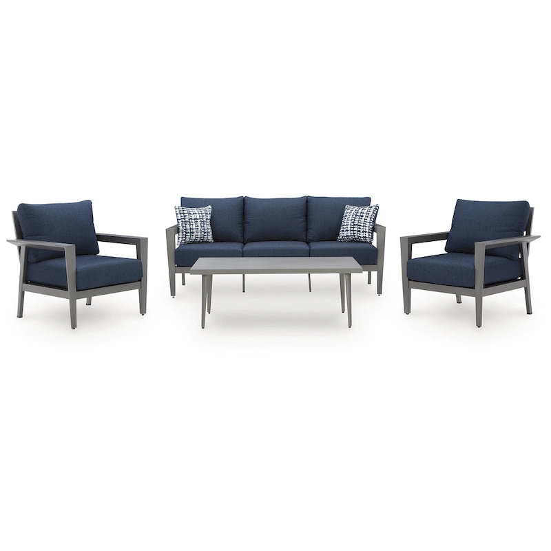 Signature Design by Ashley Gali Gray/Blue Outdoor Sofa/Chairs/Table Set (Set of 4) - 78.25 W x 33.25 D x 36.25 H