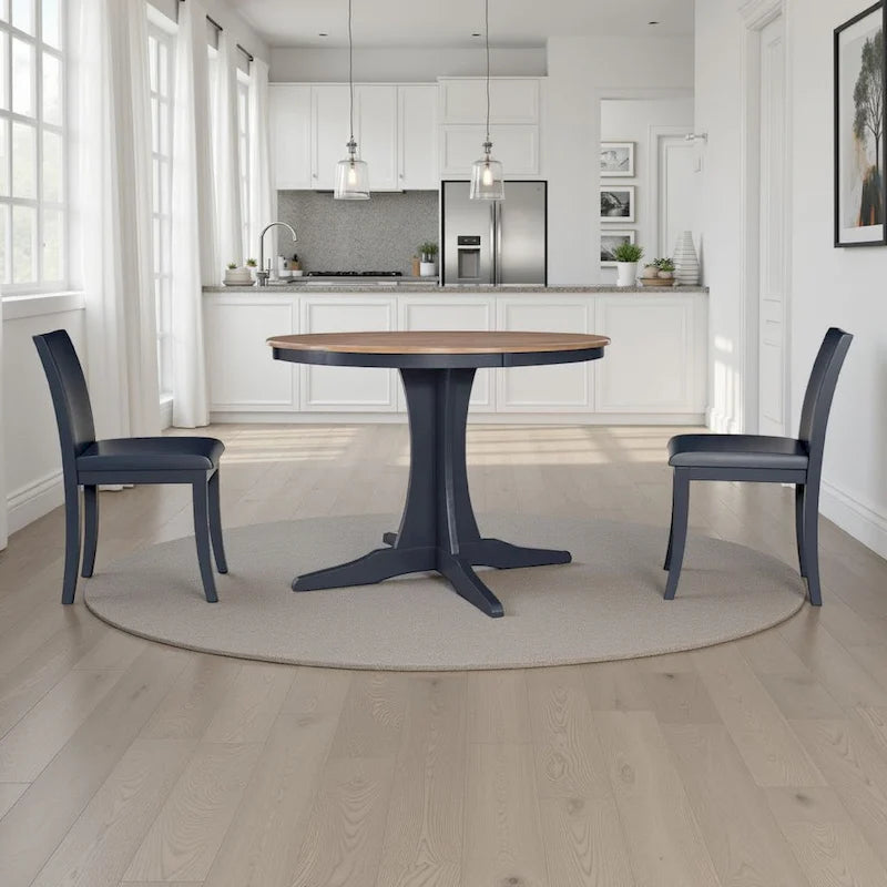 Round Dining Table, 42 Inch Brown Wood Top, Dark Blue Pedestal Base