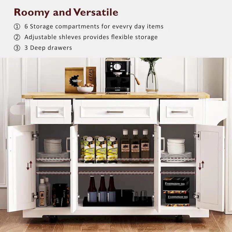 Large Kitchen Island with Wood Drop Leaf, Embossed Texture Rolling Kitchen Cart wDoors and Drawers wStorage for Kitchen, White
