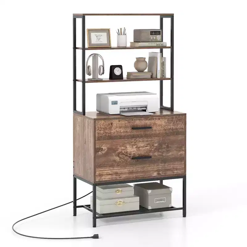 File Cabinet w/ Charging Station 3-Tier Open Shelves & Large Drawer Compatible Rustic Brown