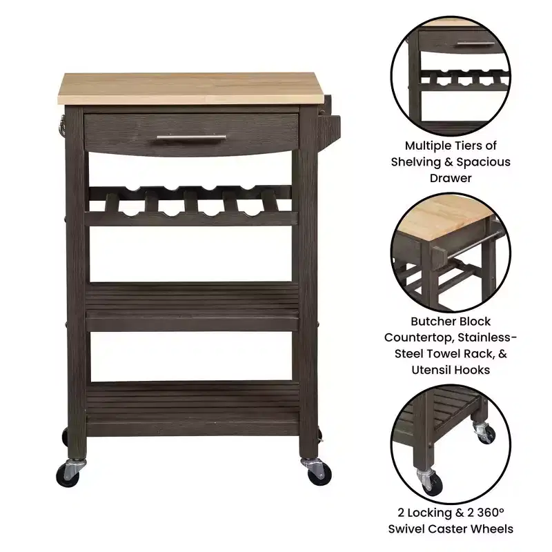 Ellaine 4 Tier Butcher Block Kitchen Cart with Drawer and Wine Rack - Breighton Home