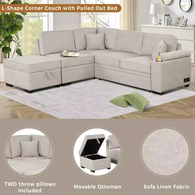 84.75 Sleeper Sofa Bed 2 in 1 Pull Out sofa bed L Shape Couch with Storage Ottoman for Living Room Bedroom Couch and Small Apartment