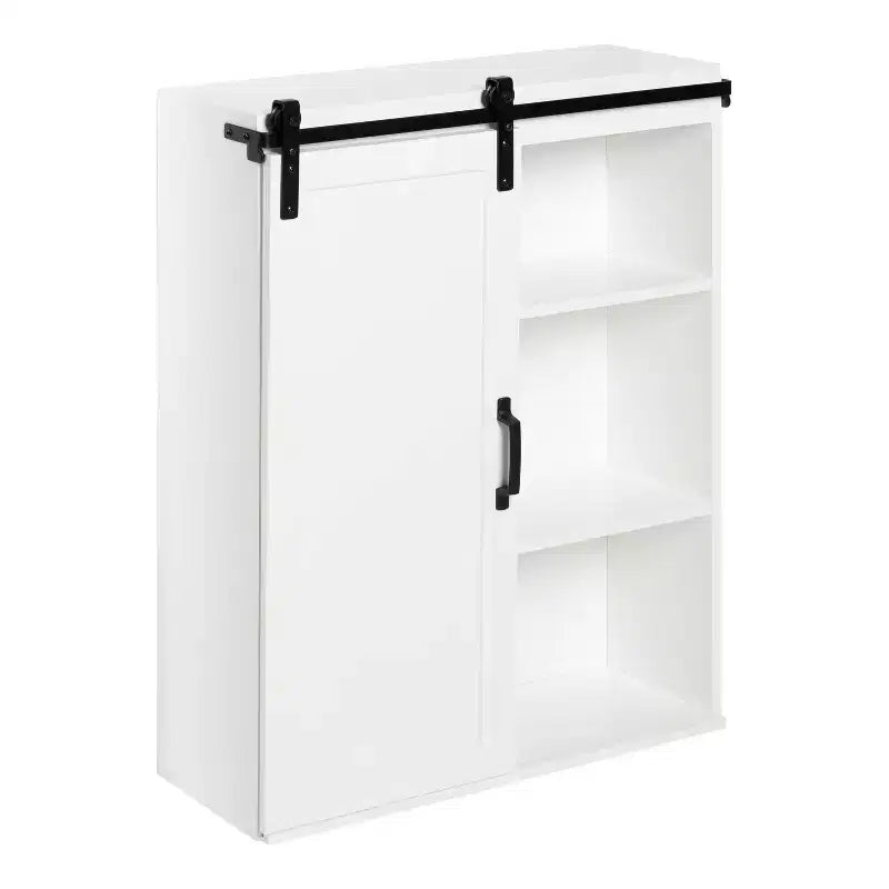 22x28 Farmhouse Wall Cabinet with Rolling Barn Door, 5 Shelves, White