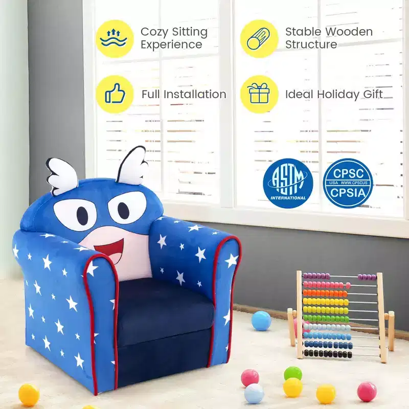 Costway Kid's Sofa Chair Toddler Upholstered Armchair Wooden Frame Children Couch Navy