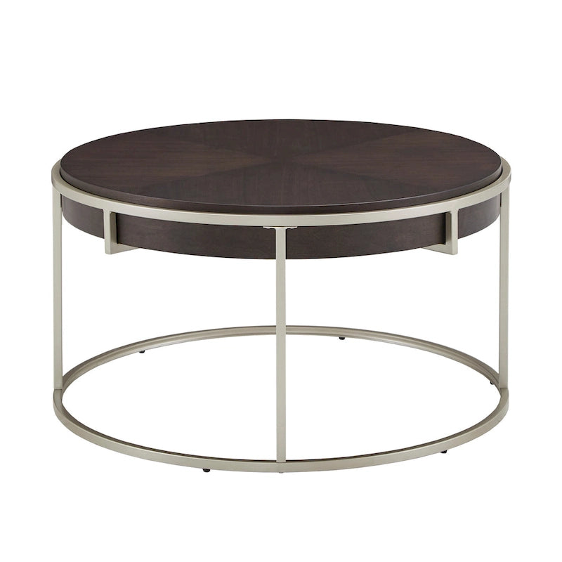 Round Coffee Table with Geometric Walnut Veneer Top and Gold Metal Base