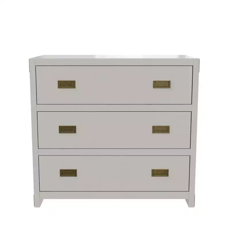Campaign Style 3-Drawer Dresser with Brass Handles, Soft Grey and White