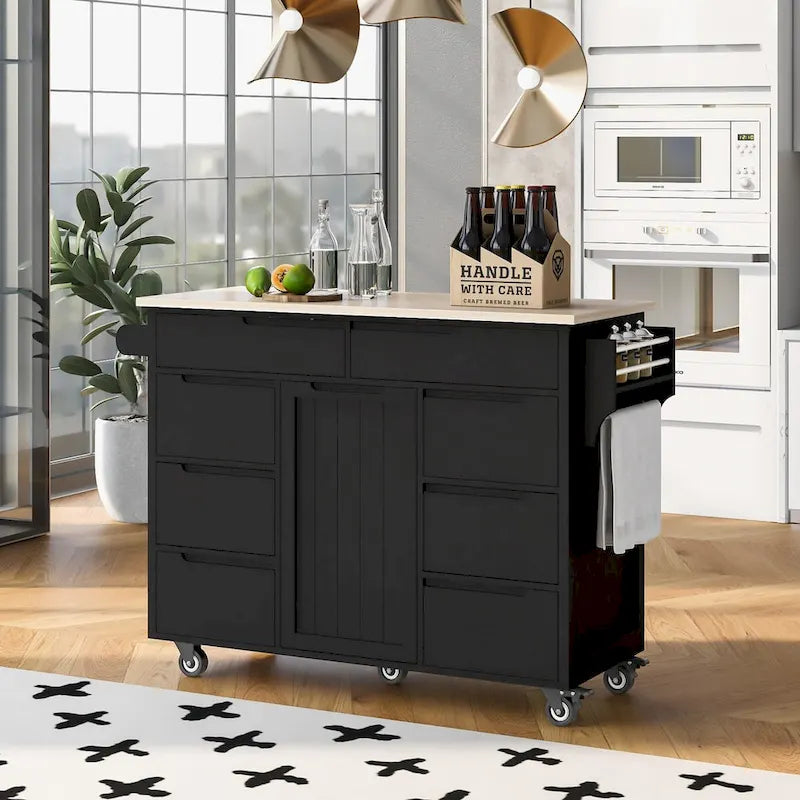 Rolling Kitchen Island Cart with 8 Handle-Free Drawers Rubberwood Top and Spice Rack