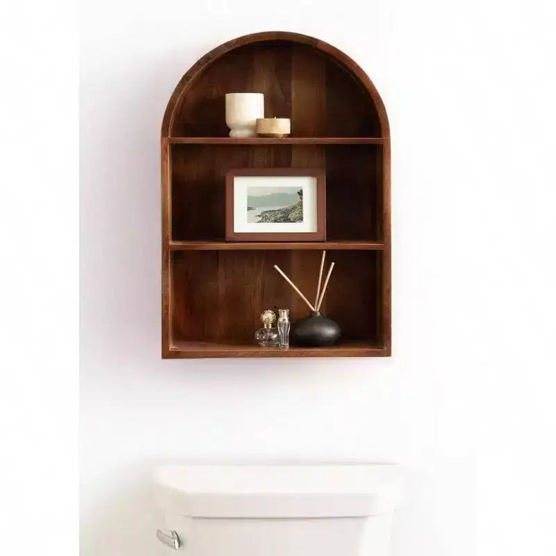 Modern Arched Wall Shelf 18x 26 Walnut Brown Transitional Arch Over - Toilet Entryway Storage Shelves