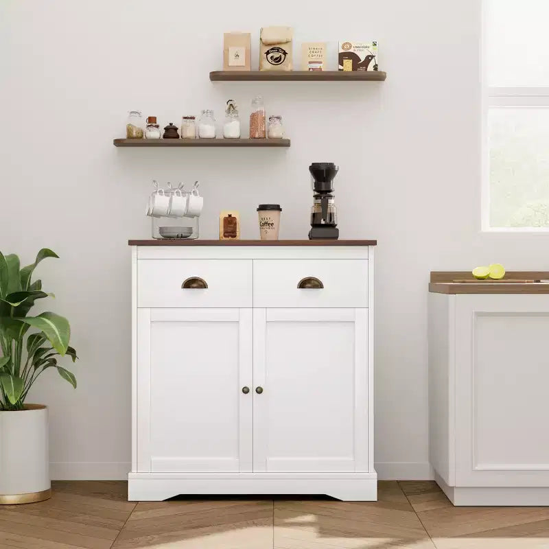 COZONY Modern Farmhouse Coffee Bar Cabinet 31.5, Kitchen Sideboard Buffet with 2 Drawers, Double Door Storage Cabinet with Adjustable Shelf