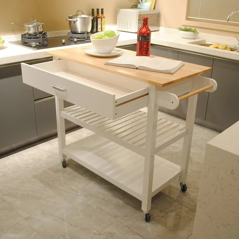 Rolling Kitchen Cart with Natural Wood Top 2 Open Shelves and Towel Rack