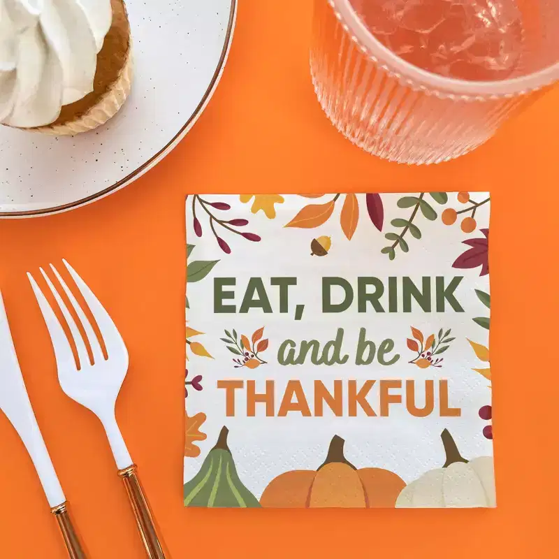 Big Dot of Happiness Eat Drink and Be Thankful Napkins, Friendsgiving Thanksgiving Party Decor, White 3-Ply Paper Beverage Cocktail Napkins - 24 Count