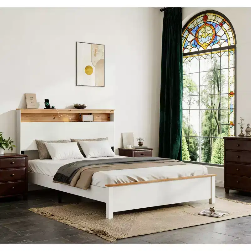 Platform Bed Frame with Integrated Charging Station & Storage Headboard, LED Light, Antique White.