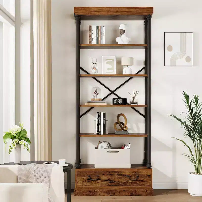 6 Tier Bookshelf with Storage Drawer, 81 Tall Metal Frame Book Shelf, Open Storage Bookshelf for Living Room Office Bedroom Home Library