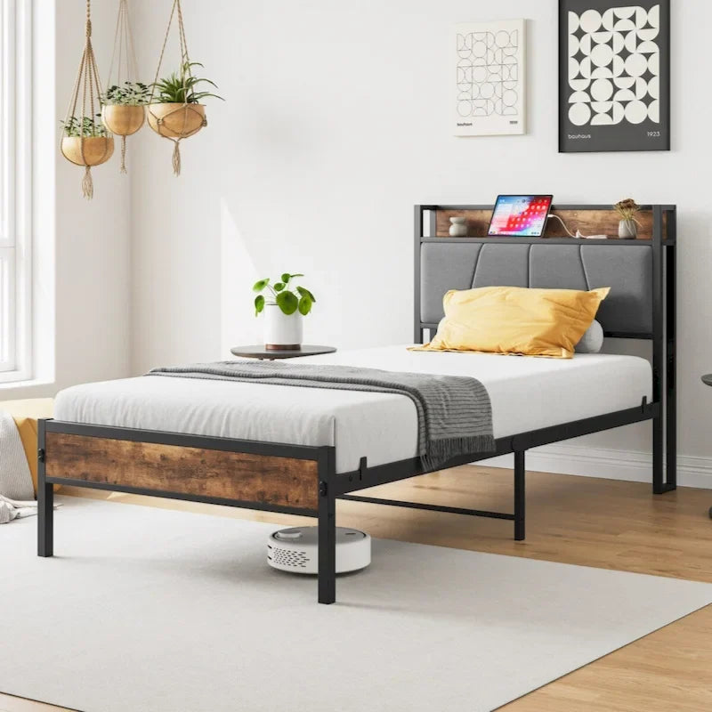 Twin Size Bed Frame, Storage Headboard with Charging Station, Solid and Stable, Black