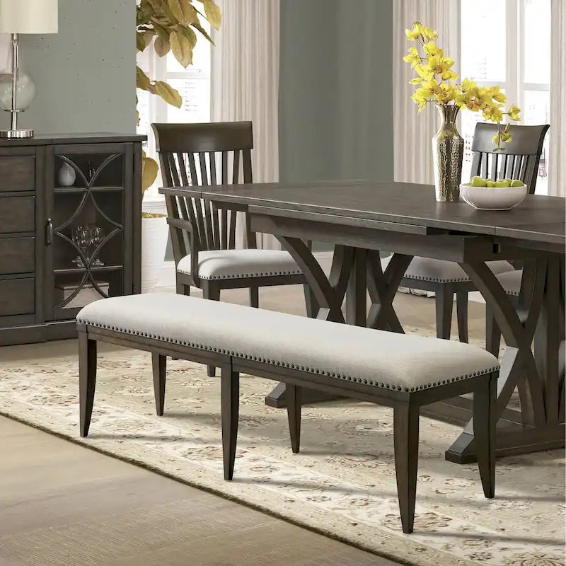 Nailhead Trim Upholstered Dining Bench, Beige