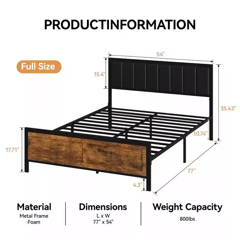 Dyonery Bed Frame with Upholstered Headboard and Footboard, Metal Platform Bed Frame, Noise-Reducing Design, No Box Spring Required, Easy Assembly