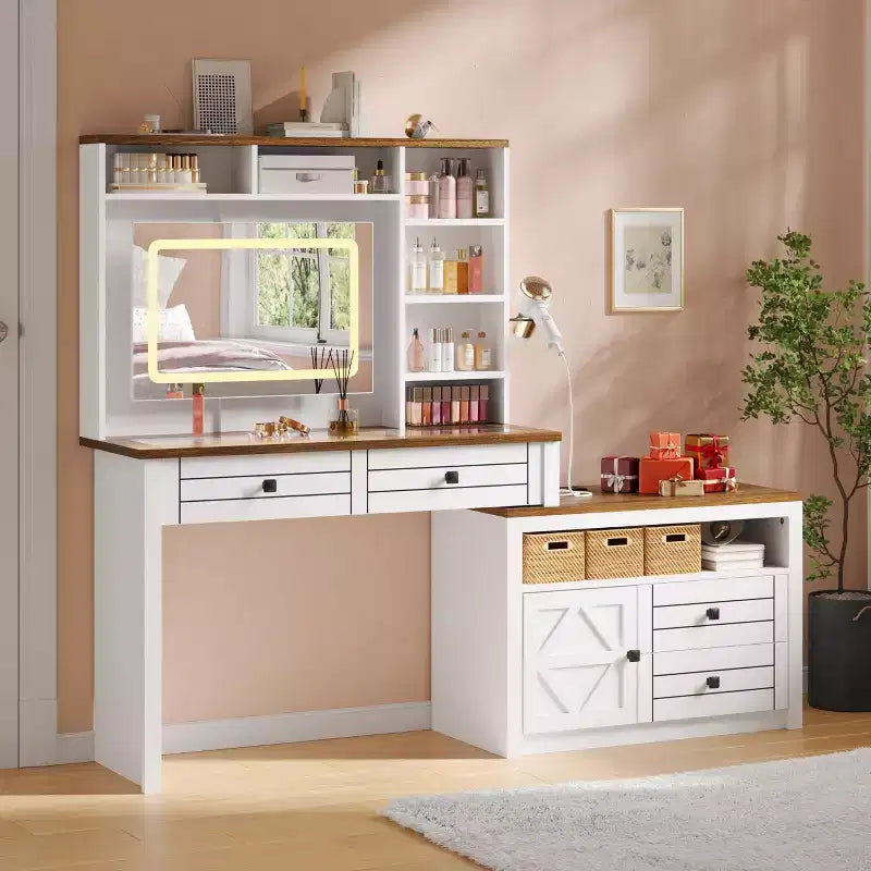 Vanity Desk with Glass Top, Touch Screen Mirror, Charging Station, 5 Drawers & 6 Open Shelves, Antique White