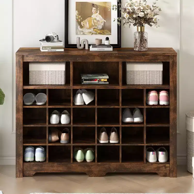 Rustic Shoe Storage Cabinet with 24-Cubby Entryway Console and Curved Base