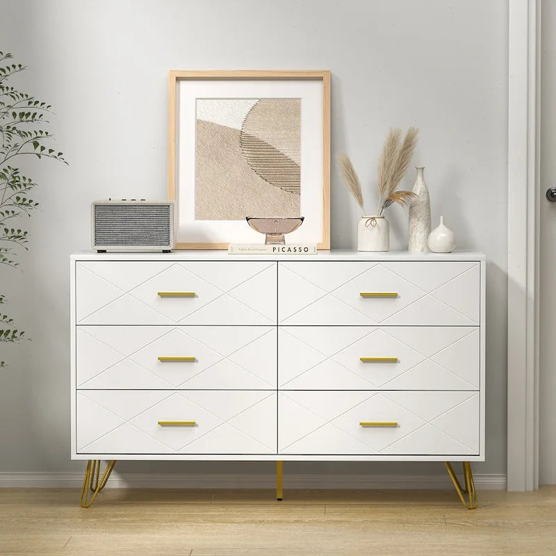 6-Drawer Fluted Dresser for Bedroom with Wide Top and Gold Handles