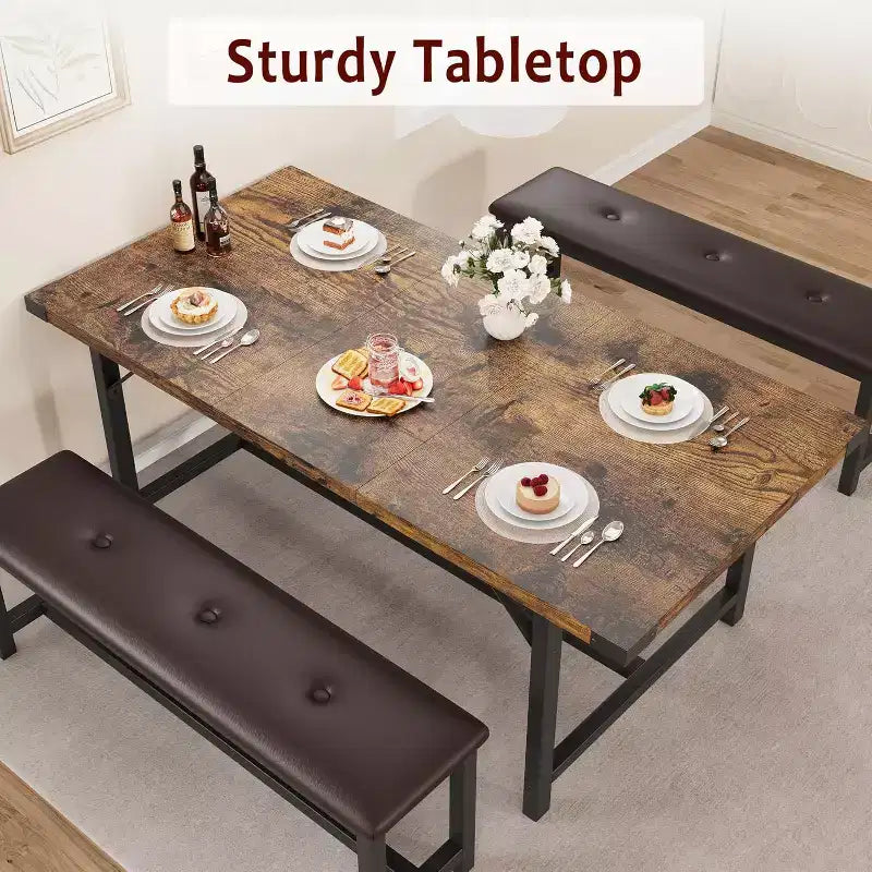 Extendable Dining Table Set for 4-6, Farmhouse Kitchen Table with 2 Upholstered Benches, Drop Leaf Table and Benches Set for Dining Room, Kitchen