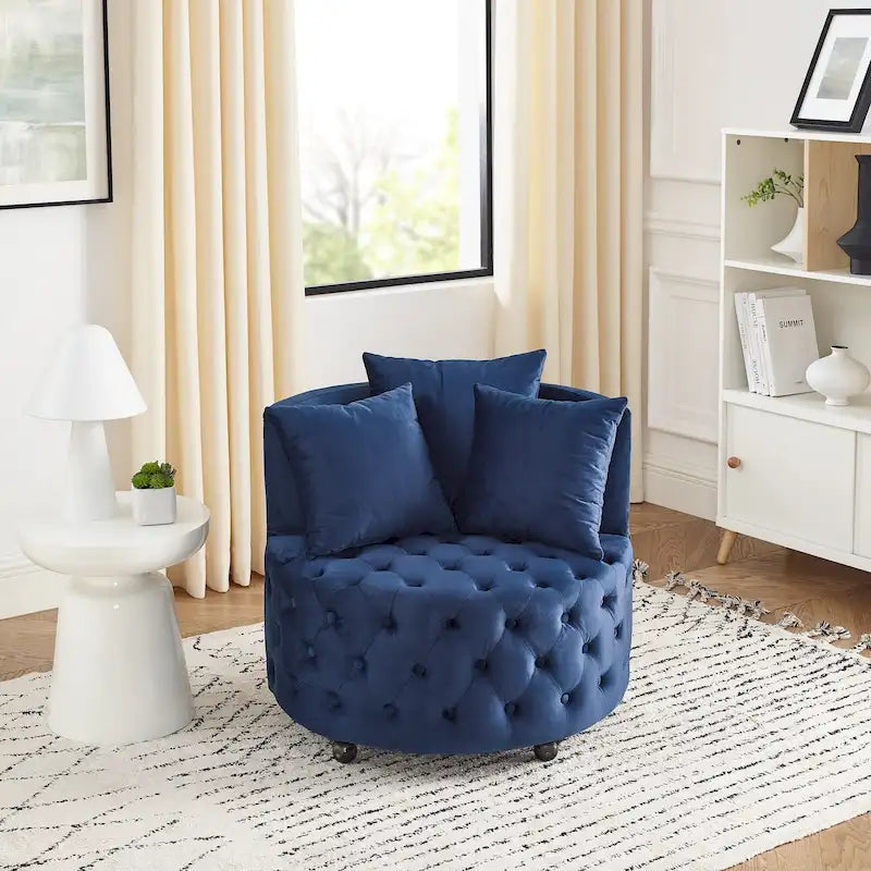 Blue Velvet Swivel Tufted Accent Chair with Caster Wheels