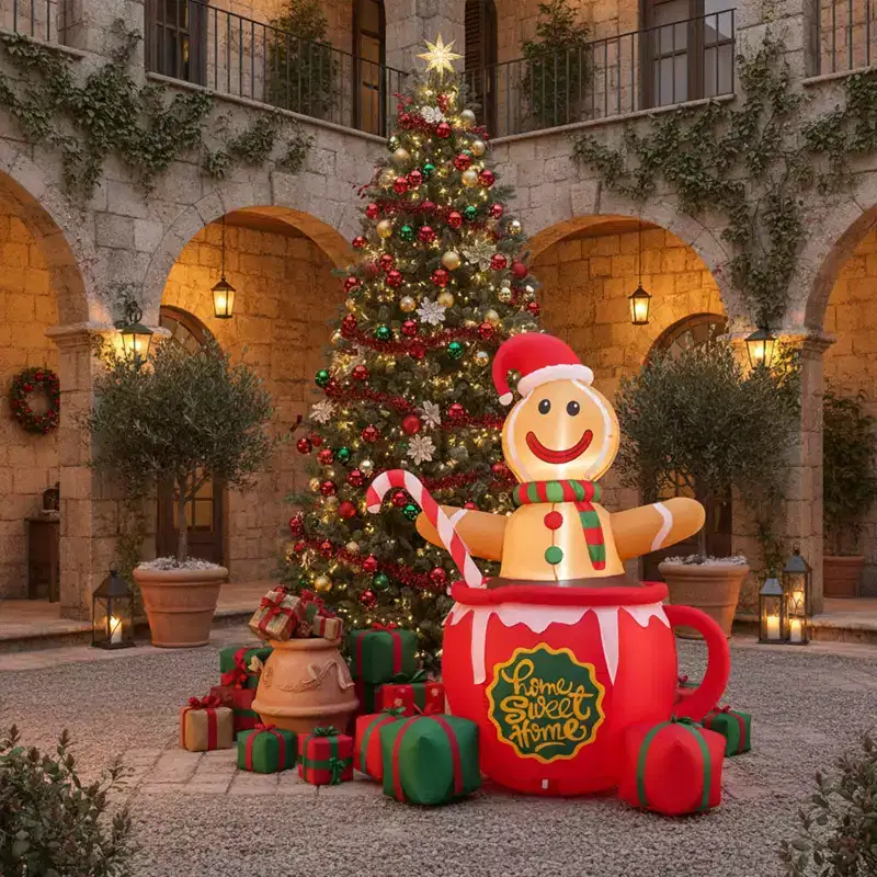 Gymax 7-Foot Inflatable Christmas Decoration Featuring a Pre-Lit Gingerbread Man in a Mug with Presents