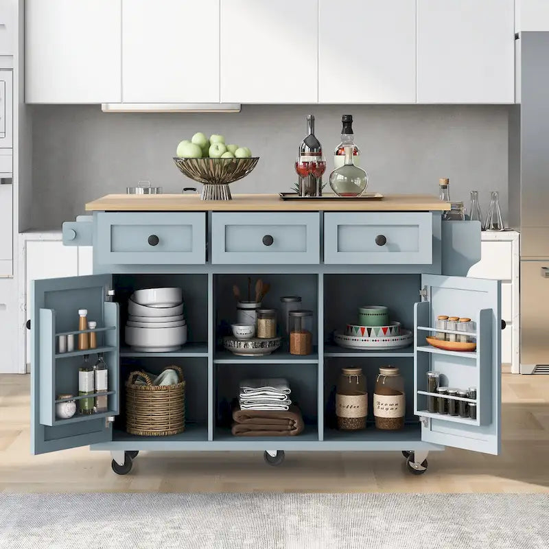 White Rolling Kitchen Island Cart with 5 Wheels Drop Leaf Rubberwood Top 3 Drawers and Spice Rack
